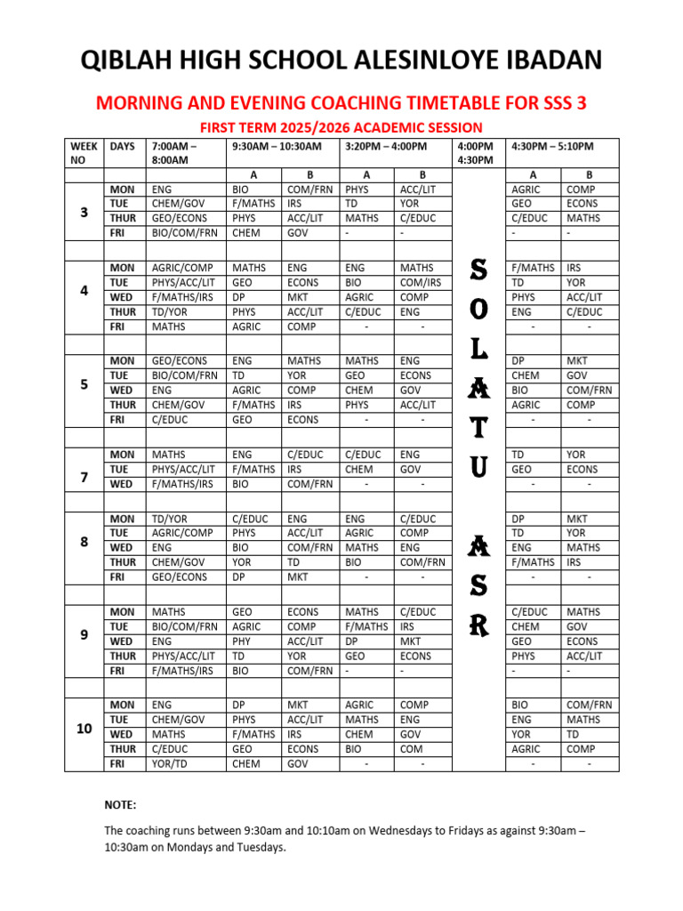 SSS 3 Coaching Timetable 2025/26 | PDF