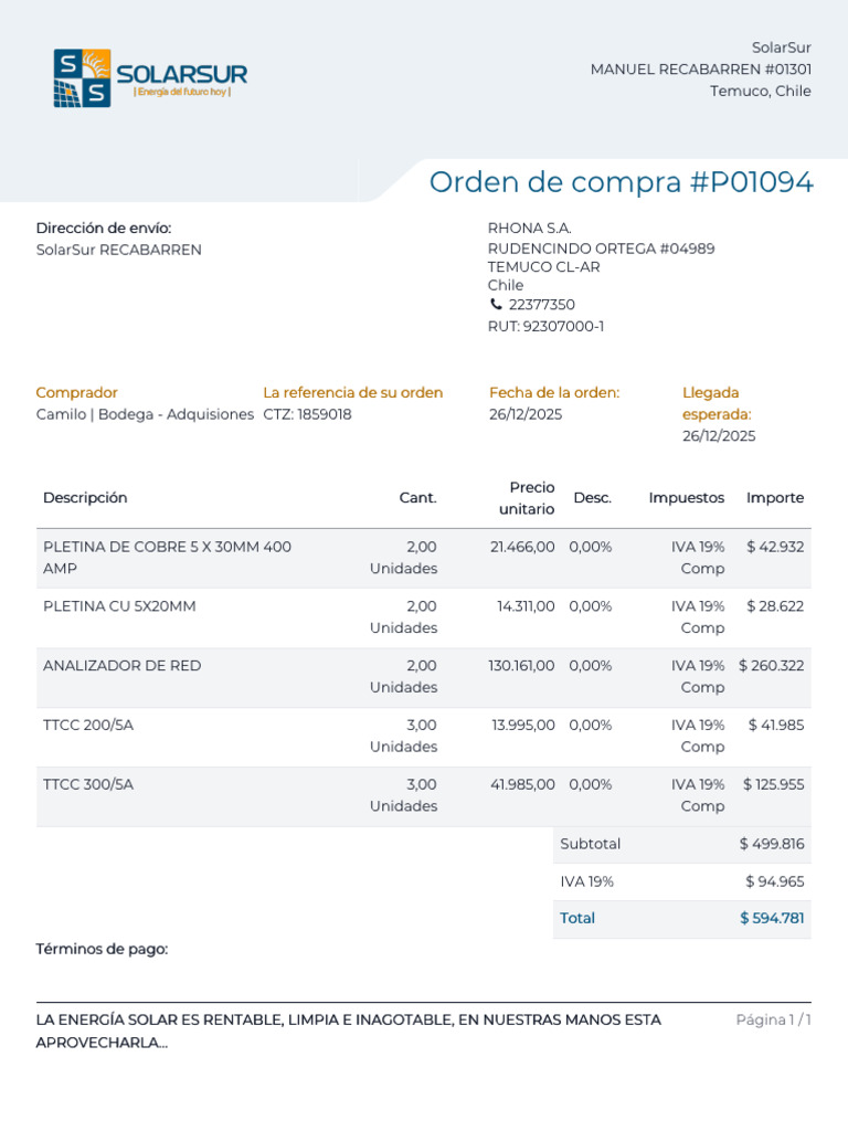 Orden de Compra - P01094 | PDF