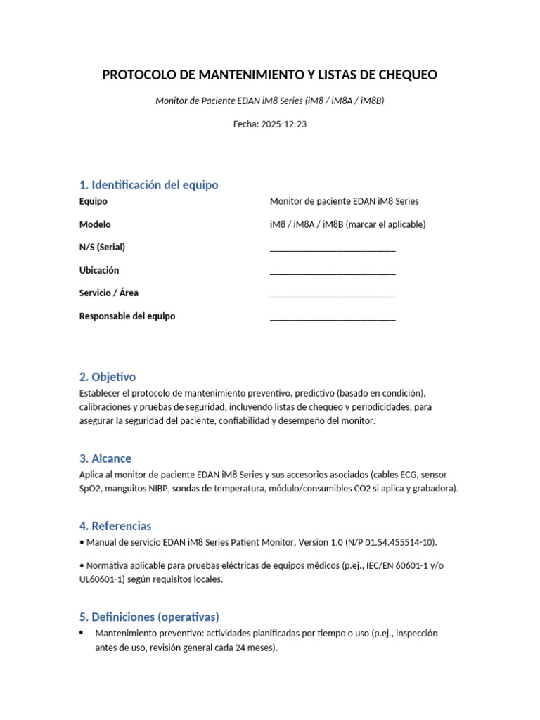 Protocolo de Mantenimiento Monitor EDAN iM8 | PDF