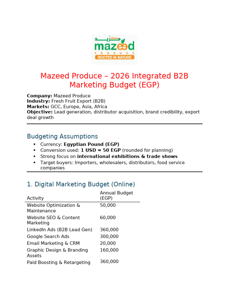 2026 B2B Marketing Budget for Mazeed Produce | PDF | Digital Marketing ...