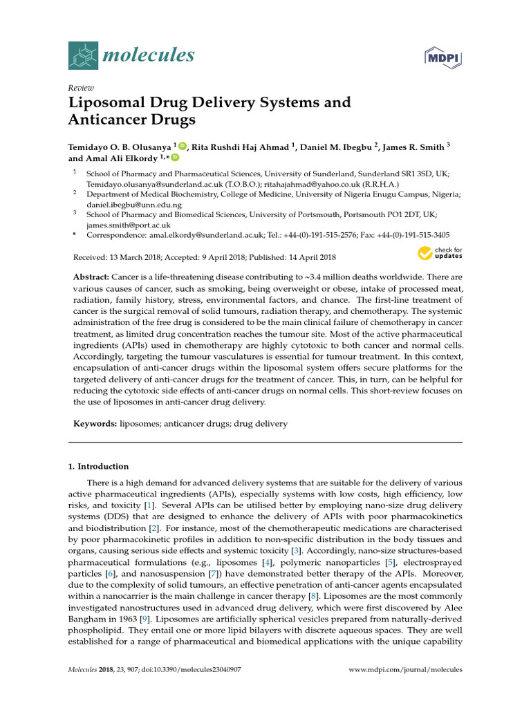 Liposomal Drug Delivery Systems | PDF | Liposome | Chemotherapy
