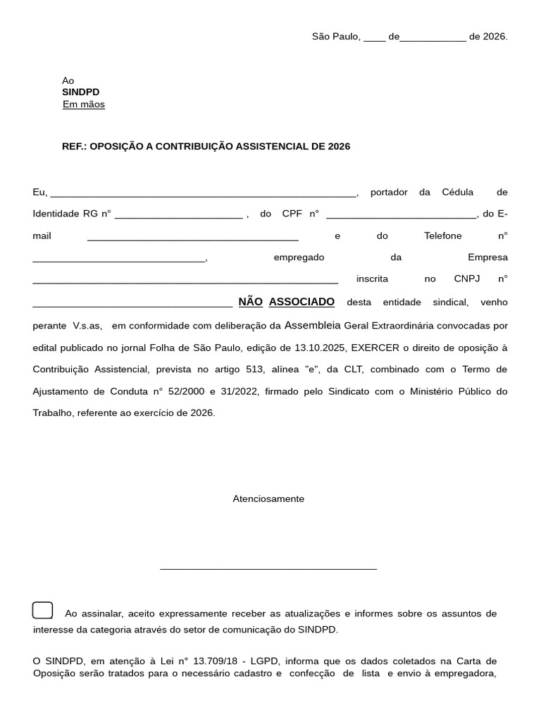 Oposição à Contribuição Assistencial 2026 | PDF