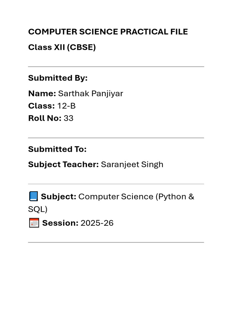 Class 12 Python & SQL Practical File | PDF | Computing | Software ...