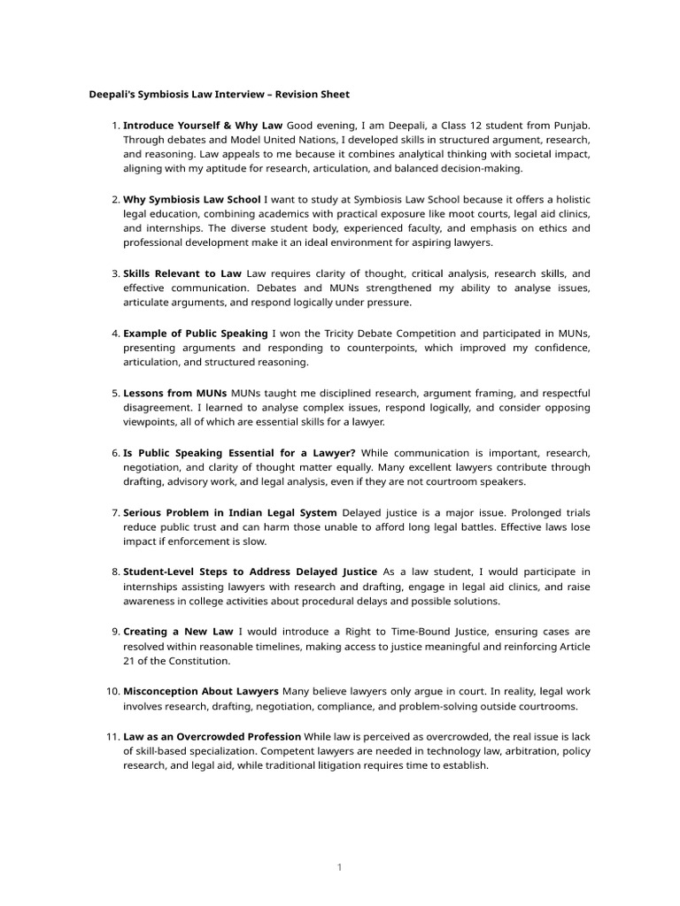 Deepali's Symbiosis Law Interview Insights | PDF | Lawyer | Judgment (Law)