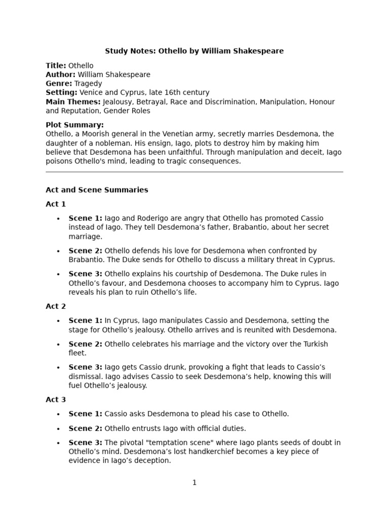 Othello Study Notes and Analysis | PDF | Othello | Iago
