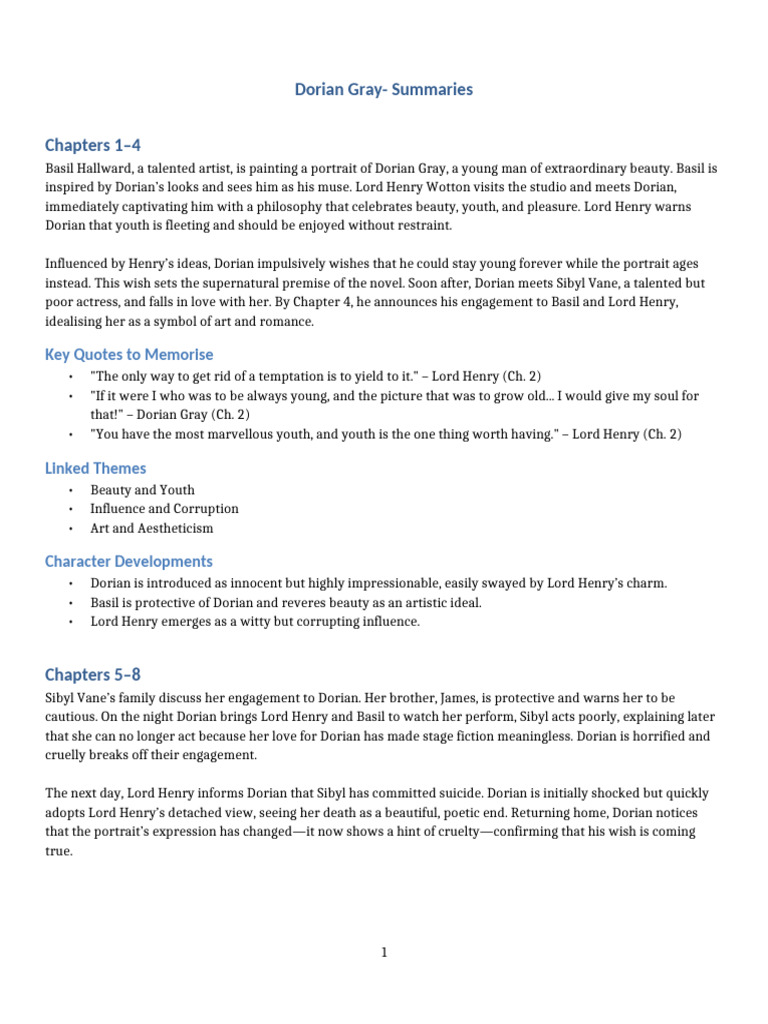 Dorian Gray Chapter Summaries and Themes | PDF | The Picture Of Dorian Gray