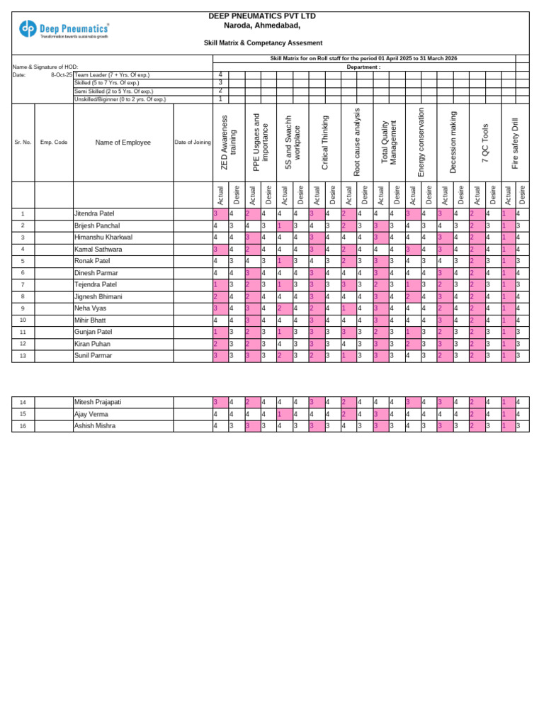 Skill Matrix & Competency Assessment 2025 | PDF