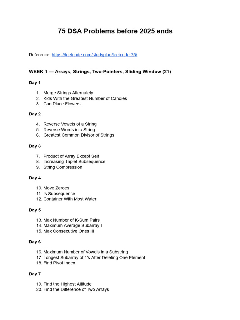 75 DSA Problems for 2025 Preparation | PDF | Computer Programming ...