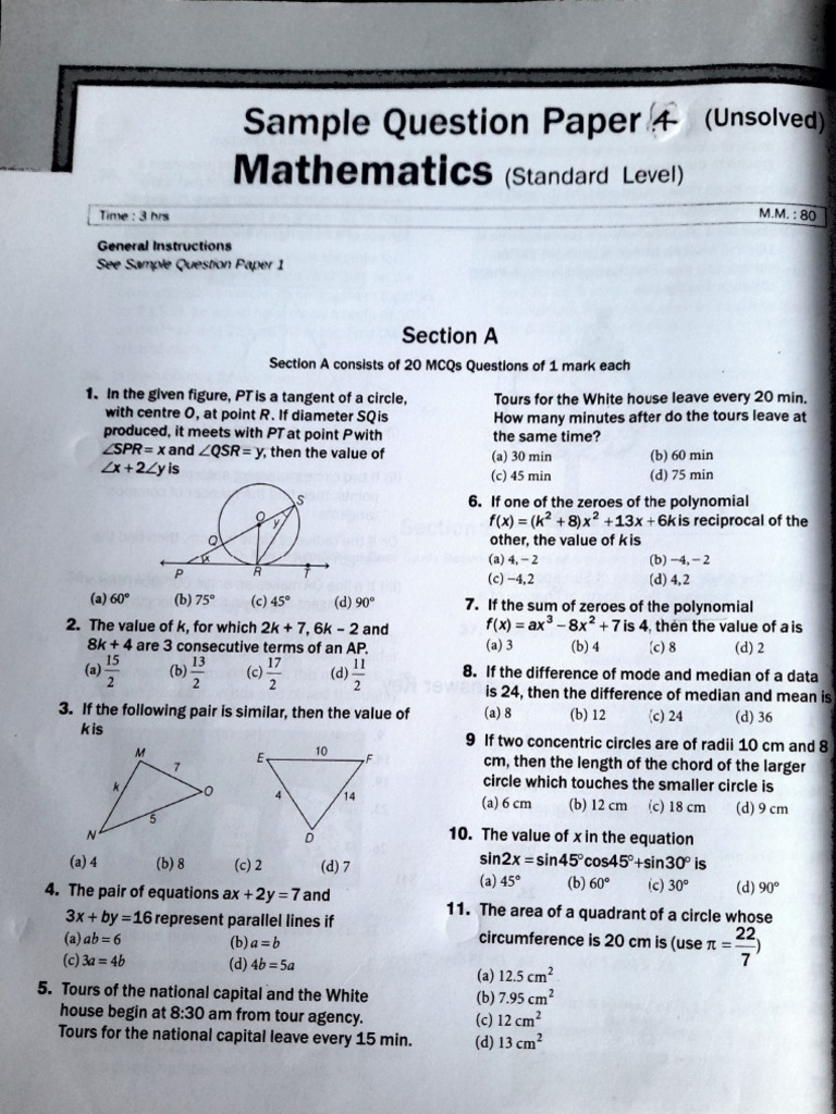 Unsolved Mathematics Sample Paper | PDF | Area | Circle
