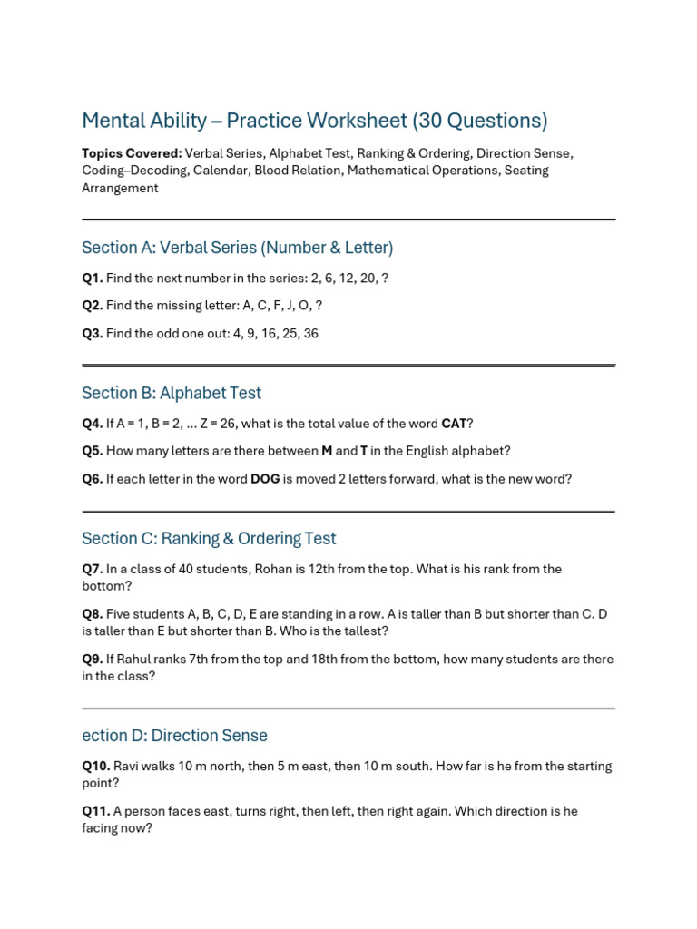 Mental Ability Practice Worksheet: 30 Questions | PDF