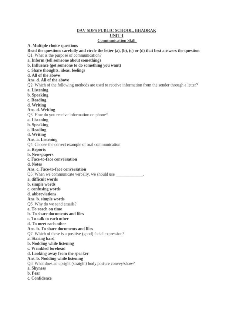 Communication Skills Quiz for Students | PDF | Communication | Verb