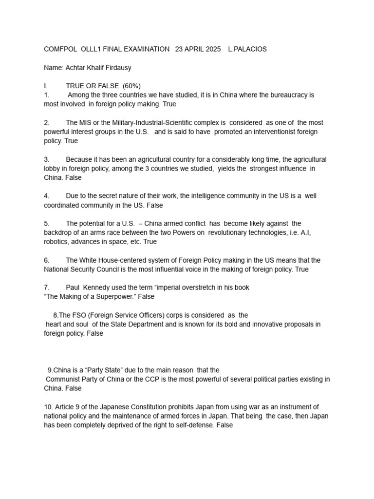 COMFPOL OLLL1 FINAL EXAMINATION Achtar Firdausy | PDF | American ...