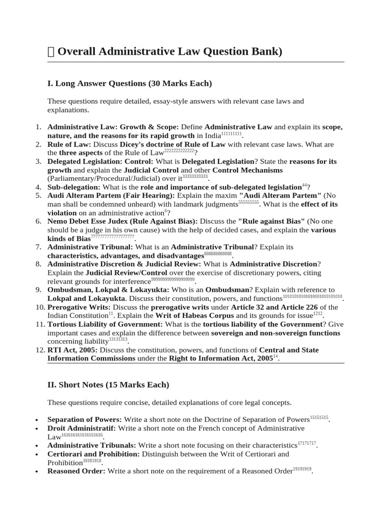 Comprehensive Administrative Law Question Bank | PDF | Administrative ...