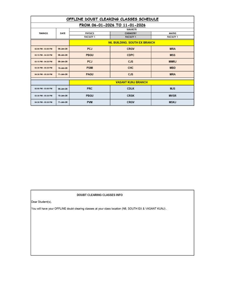 Offline Doubt Clearing Class Schedule | PDF