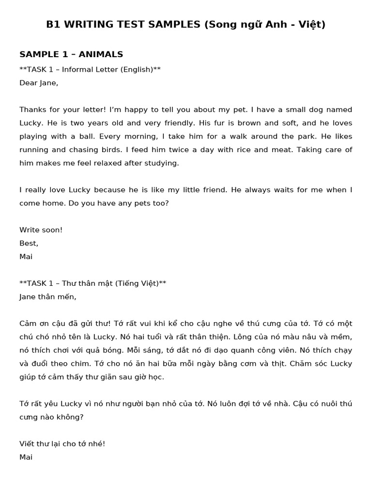 B1 Writing Test Sample1 SongNgu | PDF