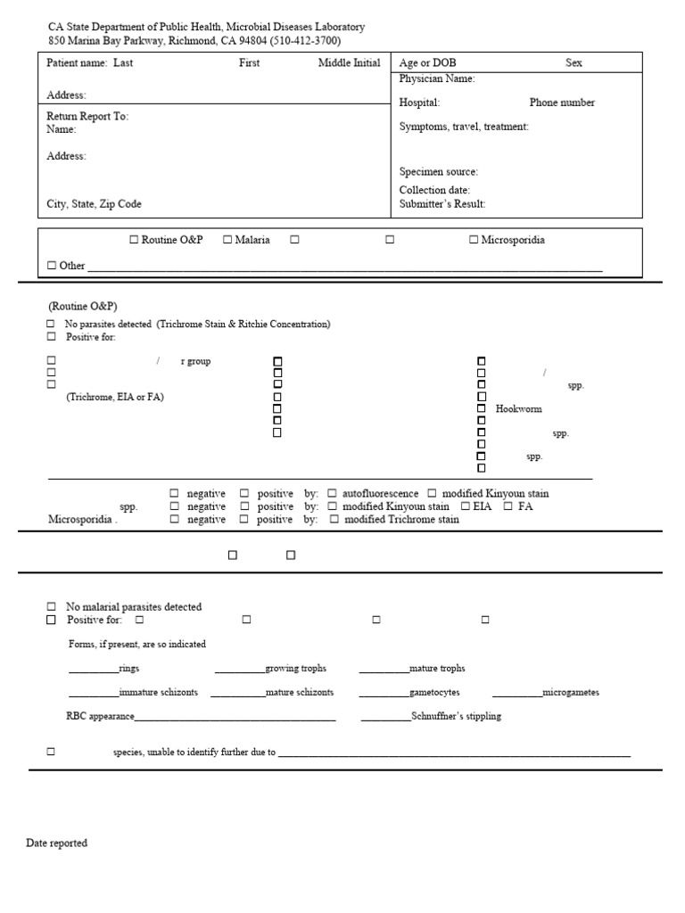 Parasitology Lab Test Report Template | PDF | Malaria | Parasitism