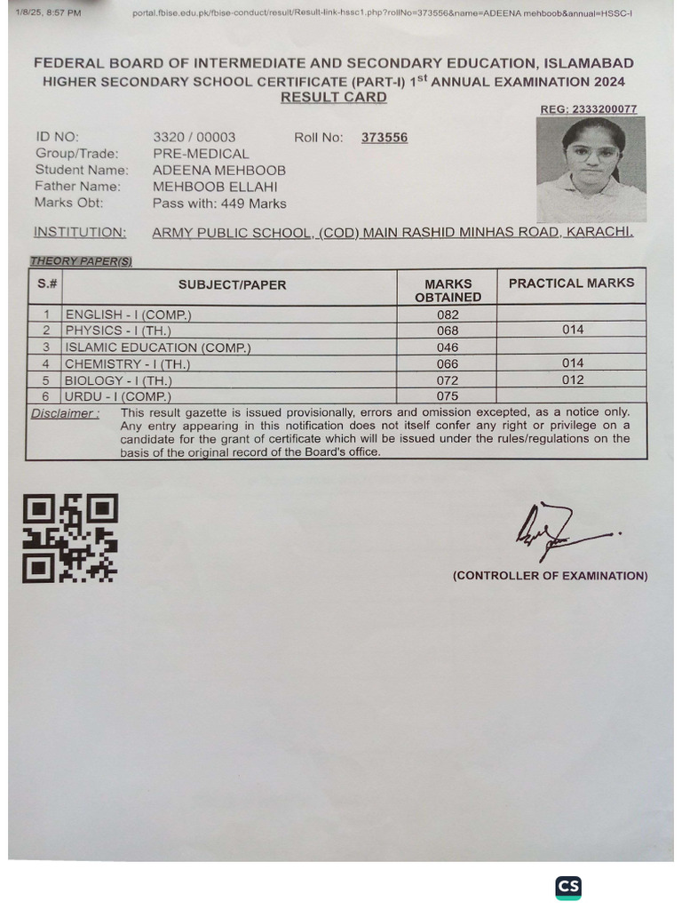 1st Year Marksheet | PDF
