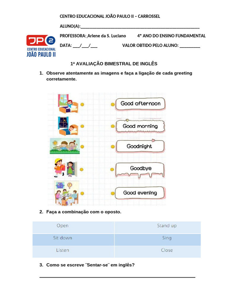 1ª Avaliação Bimestral de Inglês - 4º Ano | PDF