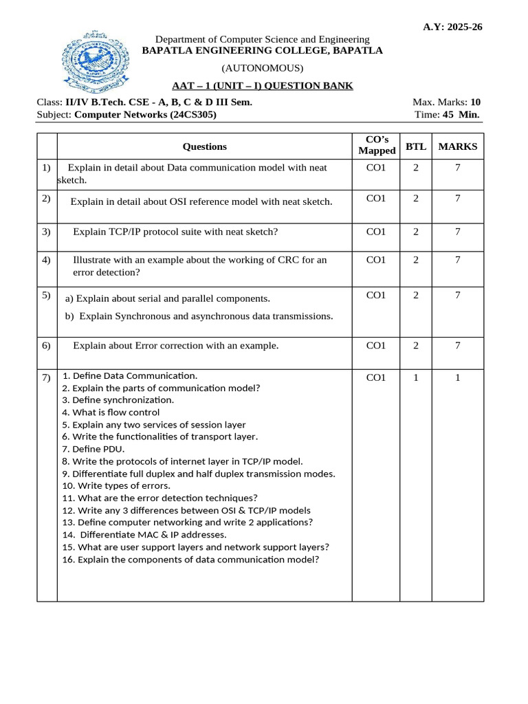 Computer Networks Question Bank 2025-26 | PDF