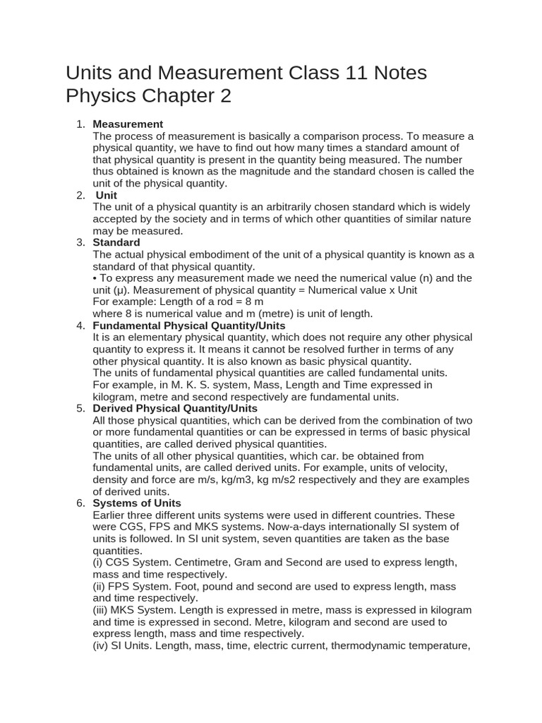 Units and Measurement Class 11 Notes Physics Chapter 2 | PDF ...