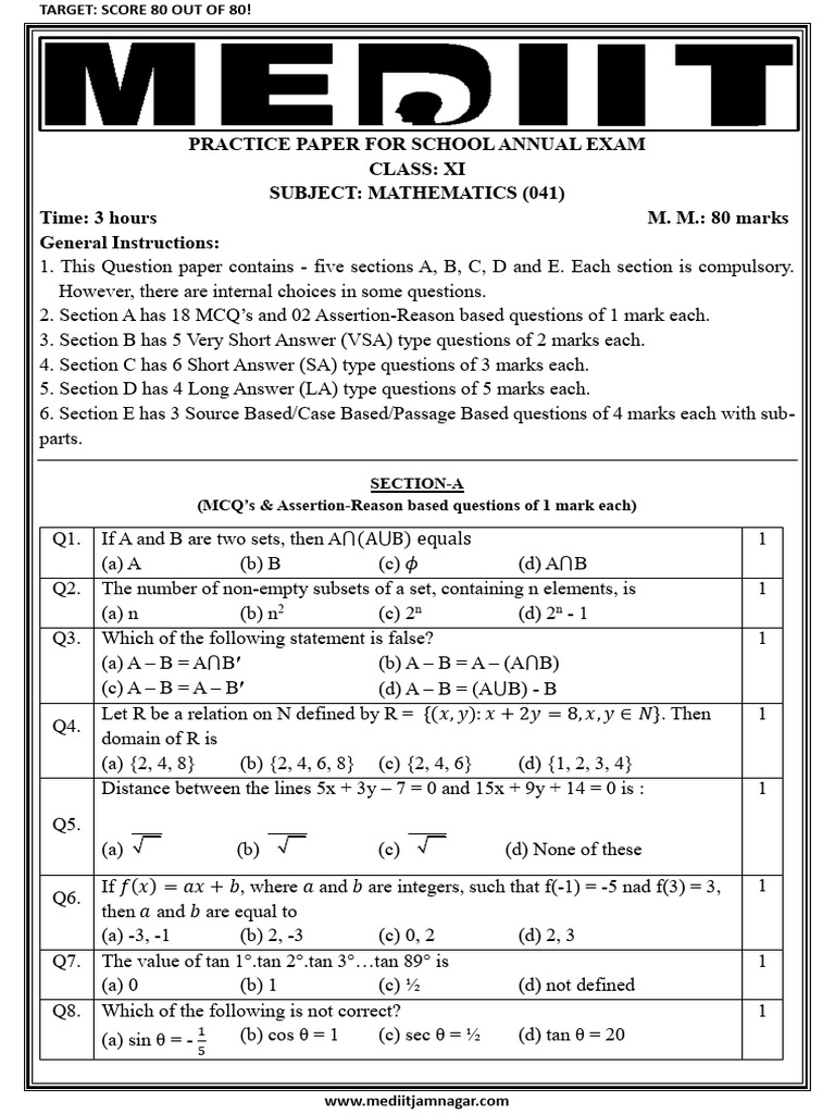 Class XI Mathematics Practice Paper | PDF | Mathematics | Mathematical ...