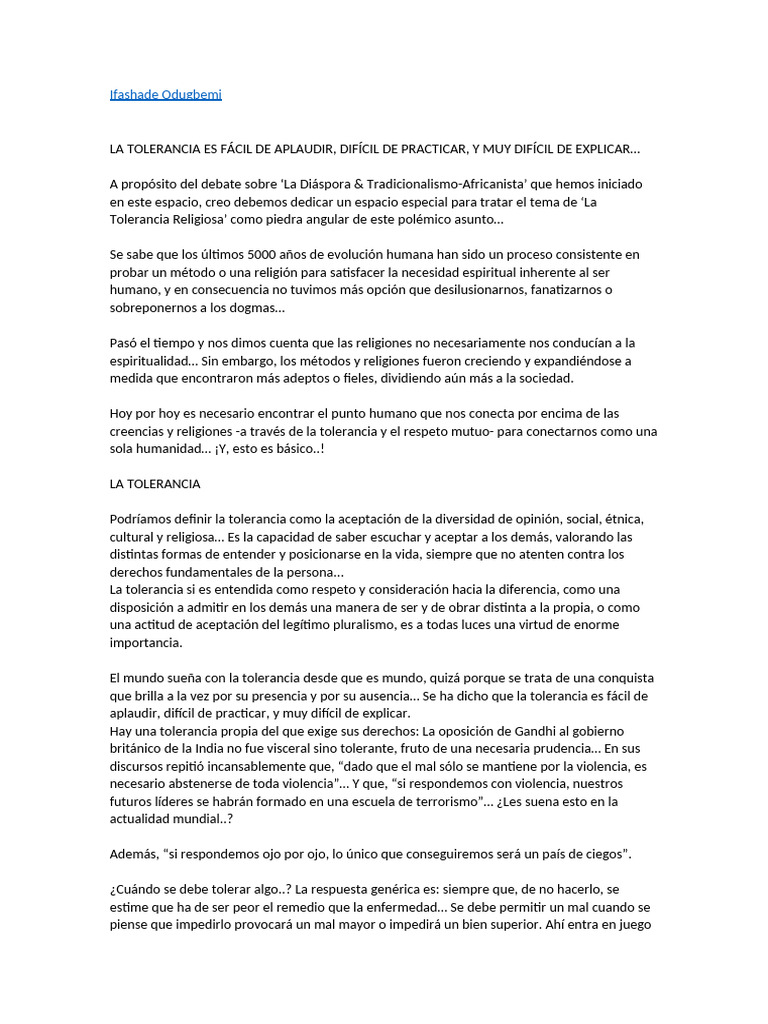 La Importancia de la Tolerancia Religiosa | PDF | Tolerancia