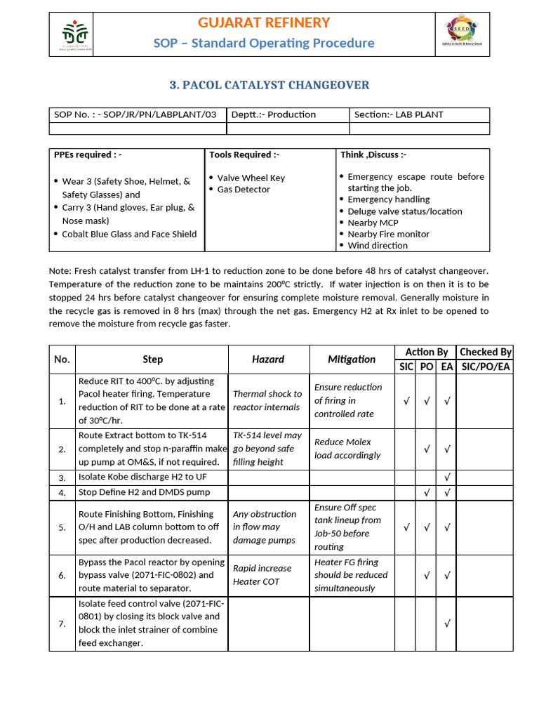 SOP for Pacol Catalyst Changeover | PDF | Valve | Pump