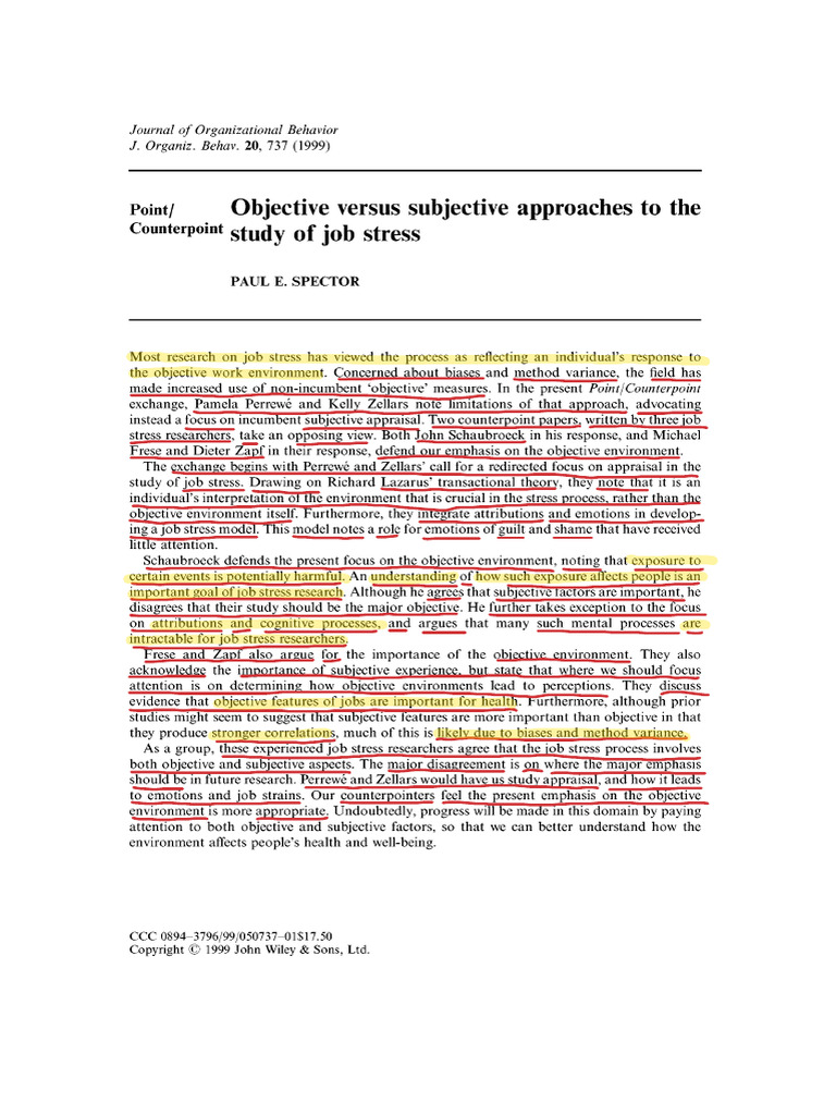 Spector, P.E. (1999). Objective Versus Subjective Approaches to the ...