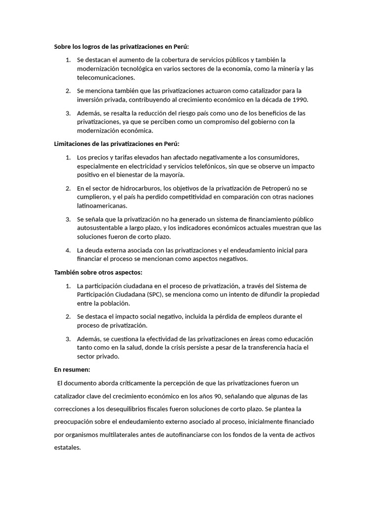 Impacto y Limitaciones de Privatizaciones en Perú | PDF | Privatización ...