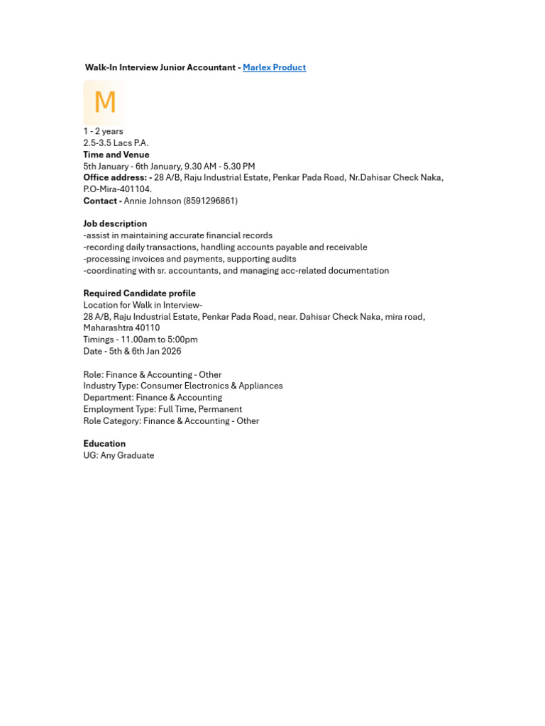 Walk-In Interview Junior Accountant | PDF