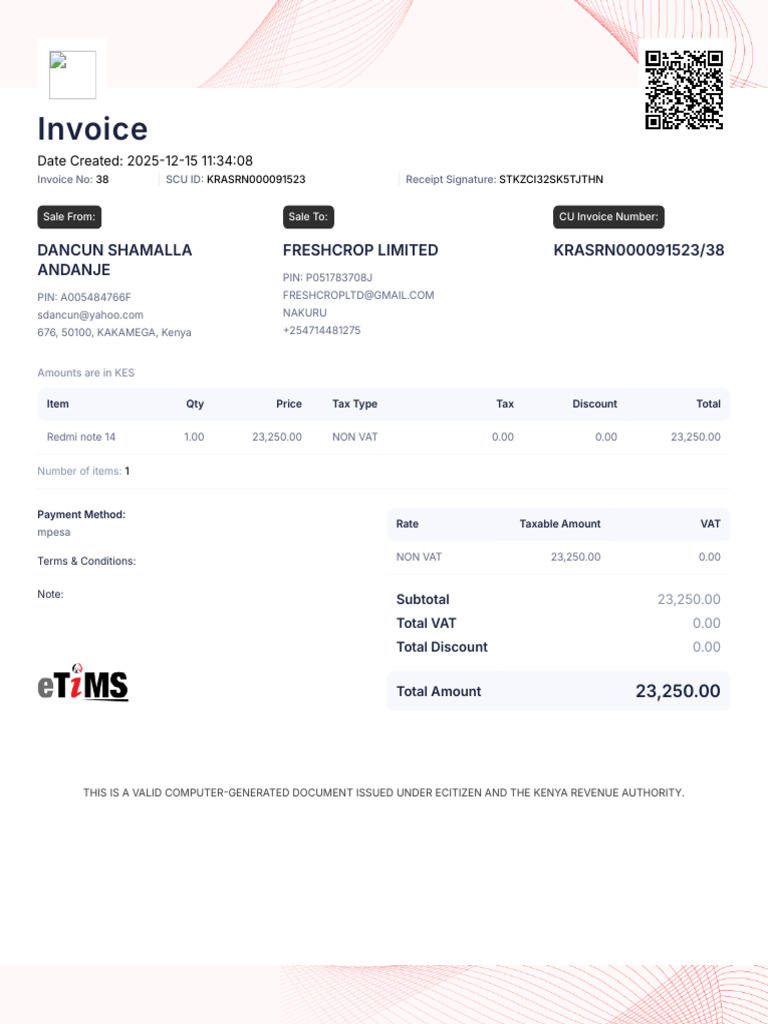 Invoice for Redmi Note 14 Sale | PDF