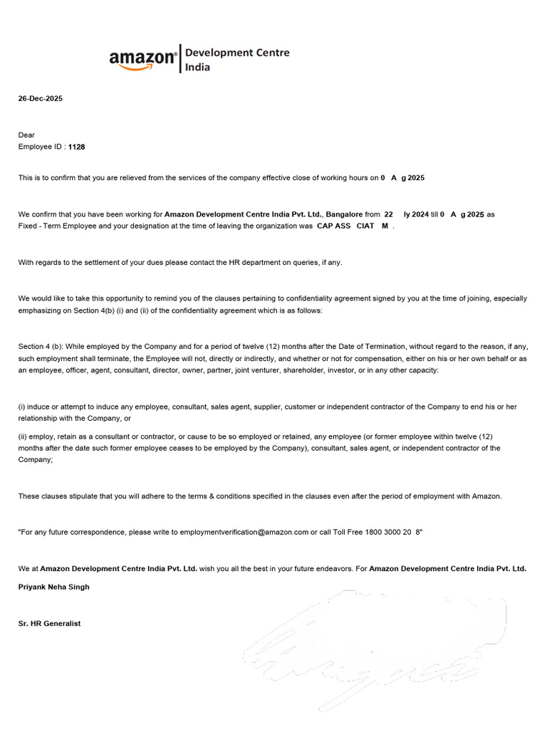 Amazon Employment Termination Notice | PDF | Employment | Business Law