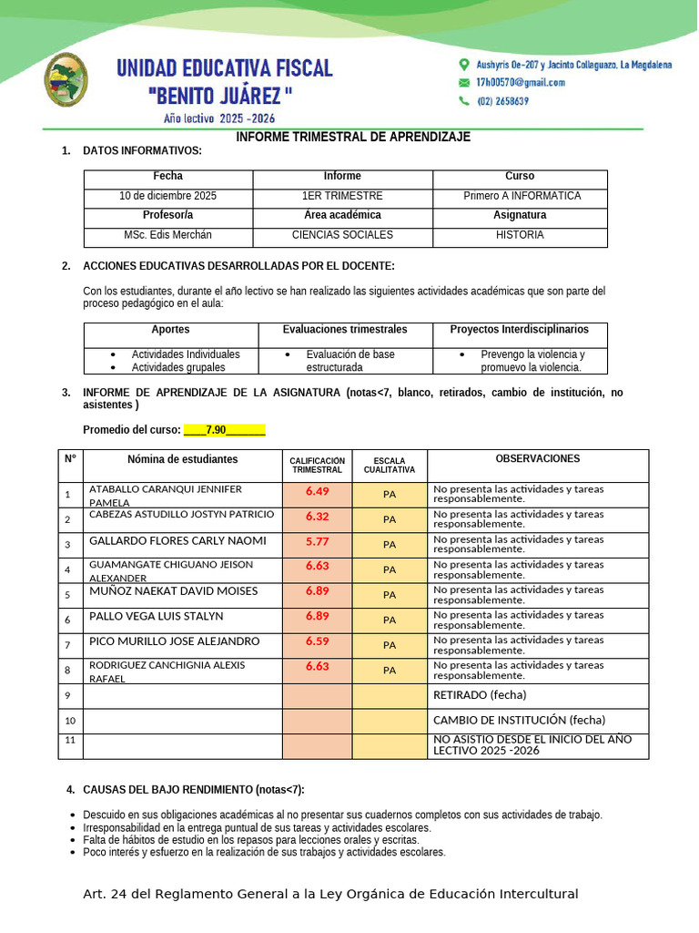 1er Trimestre Informe Trimestral de Aprendizaje | PDF | Maestros ...