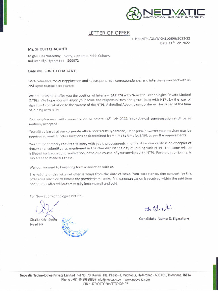 Neovatic Offer Letter | PDF