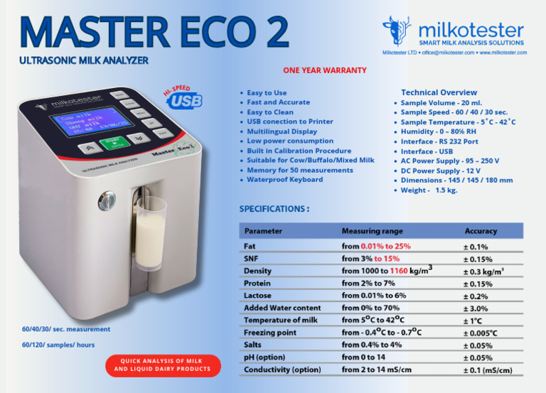 Ficha Tecnica Analizador de Leche Modelo Master Eco 2 - Milkotester ...