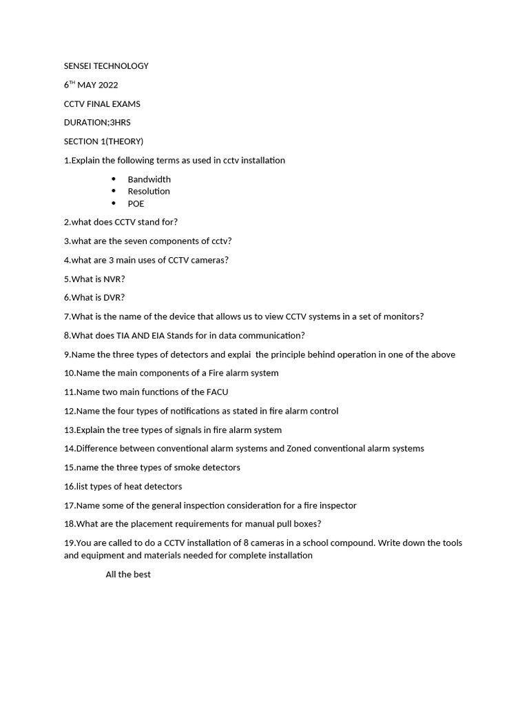 CCTV & Fire Alarm Exam Guide | PDF