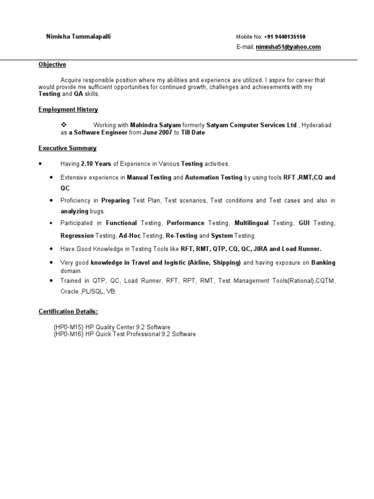 Software Testing Career Profile | PDF