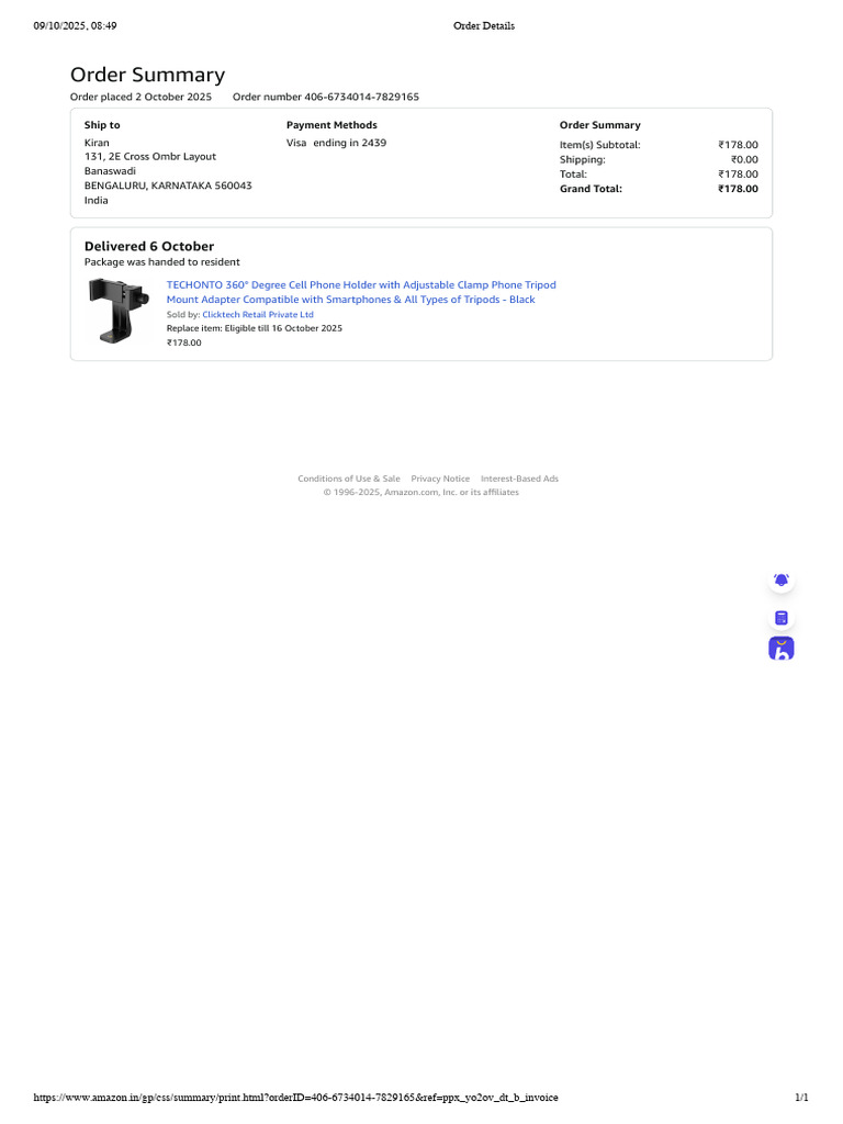 Amazon Order Summary for Kiran | PDF