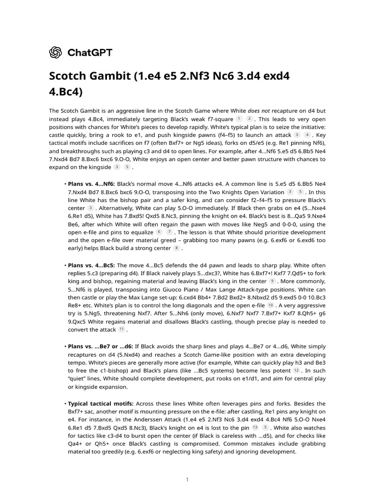Scotch Gambit (1.e4 E5 2.Nf3 Nc6 3.d4 Exd4 4.Bc4) | PDF | Chess ...