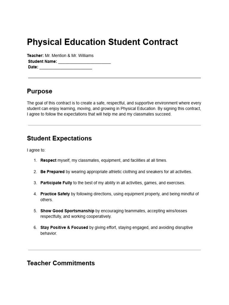 Physical Education Student Contract Template | PDF