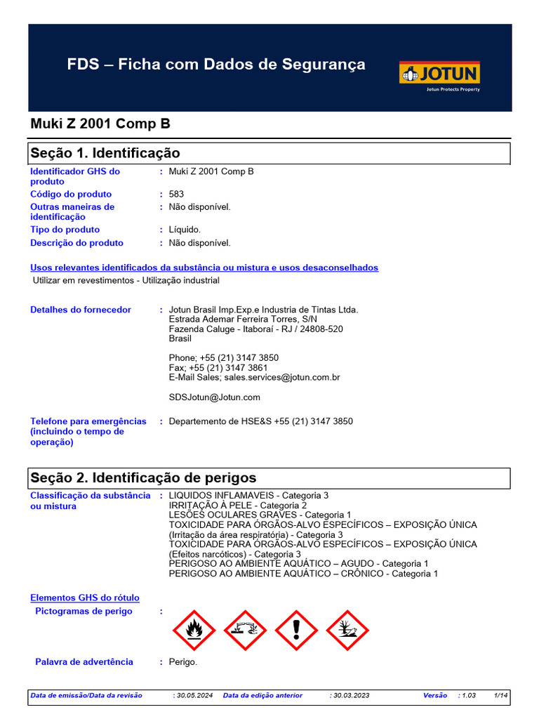 Ficha de Segurança Muki Z 2001 Comp B | PDF | Desperdício | Águas residuais