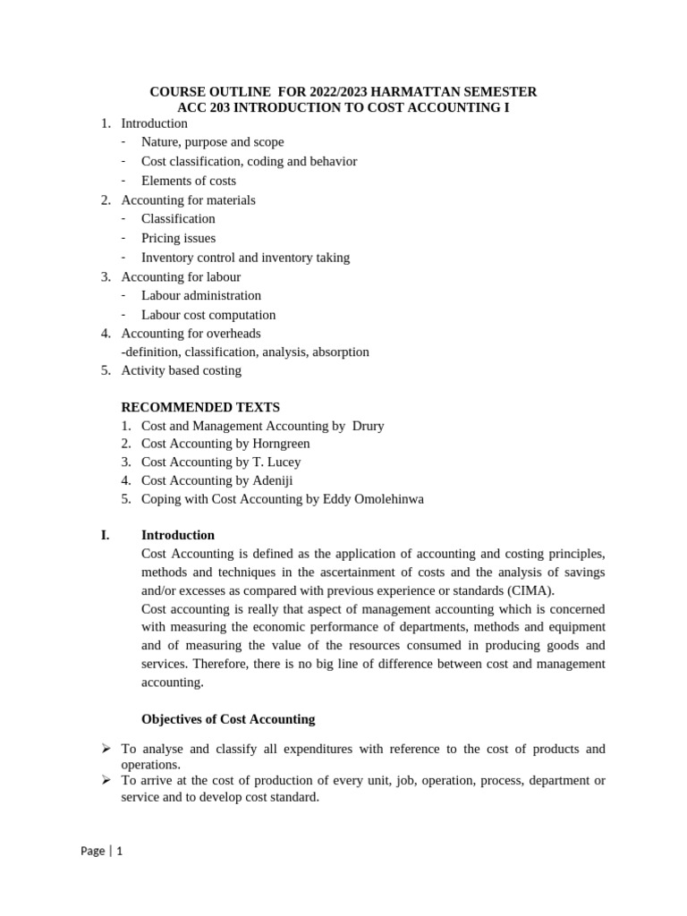 Cost Accounting Course Outline 2022/23 | PDF | Expense | Cost