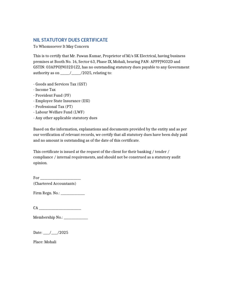 NIL Statutory Dues Certificate for SK Electrical | PDF