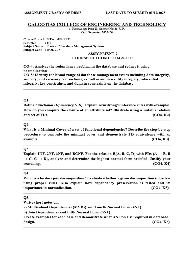 DBMS Assignment 2: Key Concepts & Normalization | PDF | Data ...
