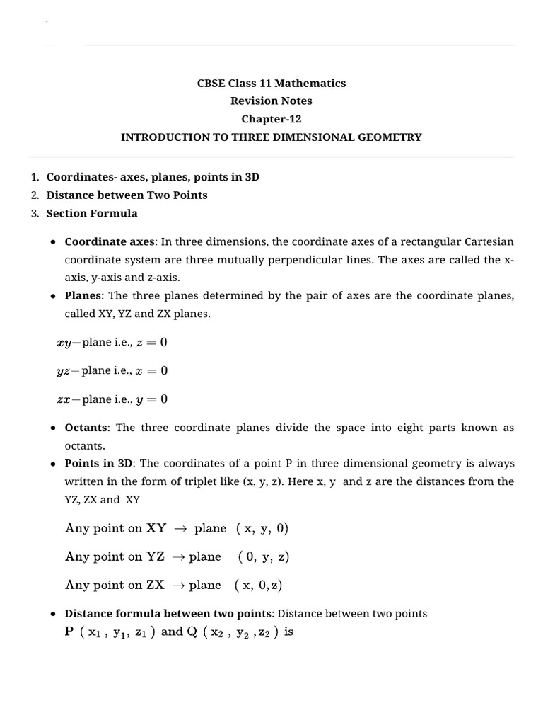 CBSE Class 11 Math: 3D Geometry Notes | PDF
