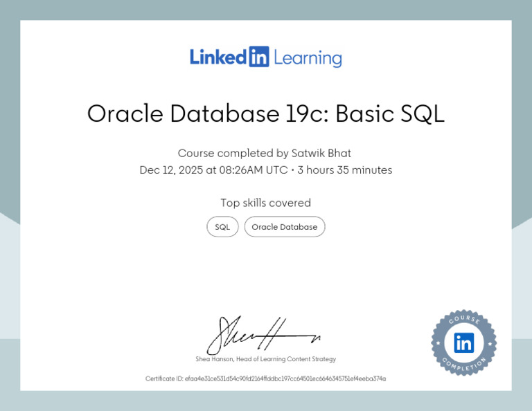 Oracle 19c Basic SQL Course Completion | PDF