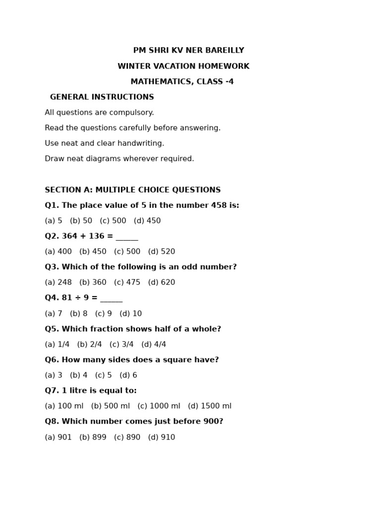 Class 4 Winter Homework: Math Exercises | PDF | Numbers | Arithmetic