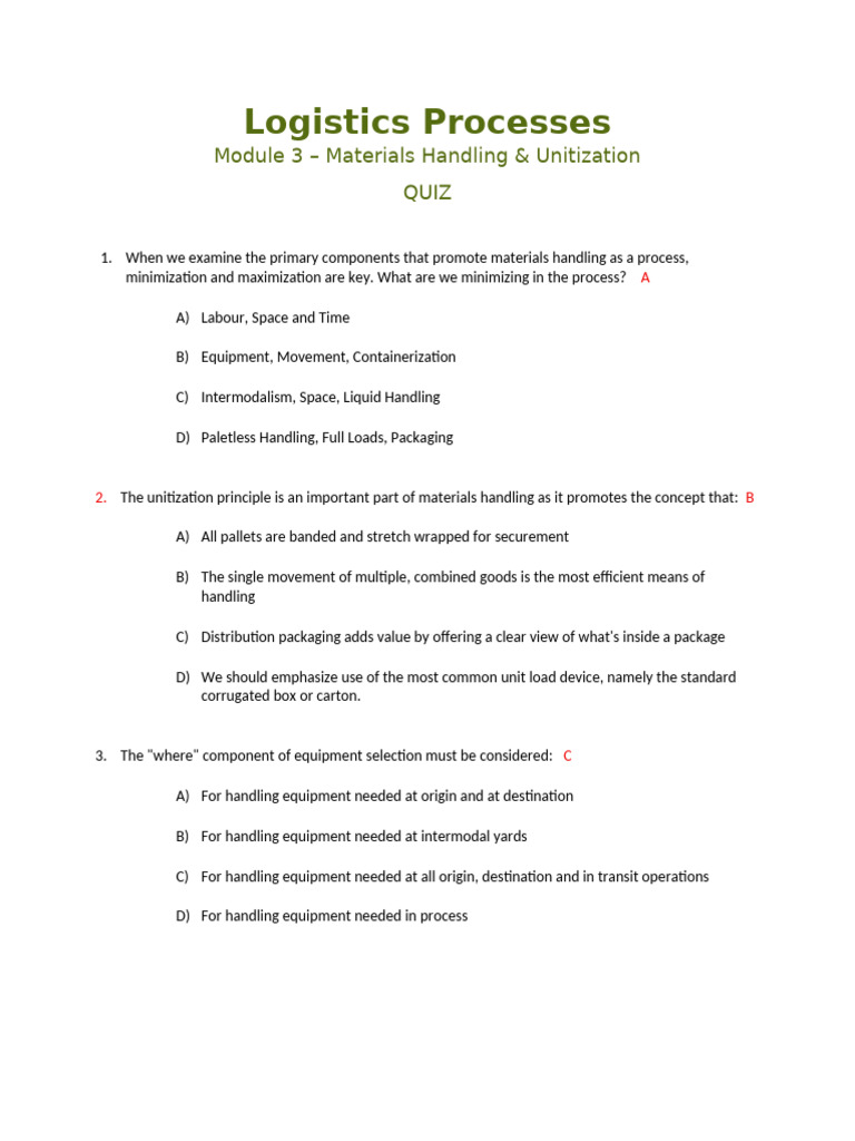 Materials Handling & Unitization Quiz | PDF | Pallet | Supply Chain ...