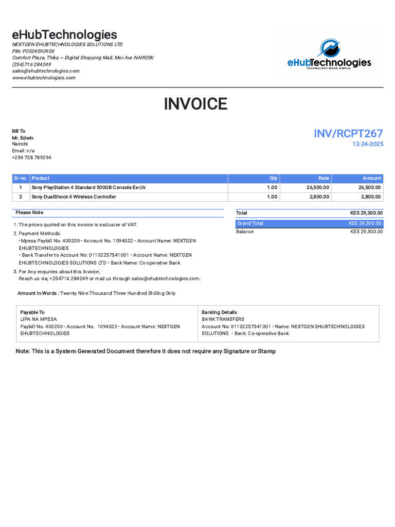 Invoice for Sony PlayStation Purchase | PDF