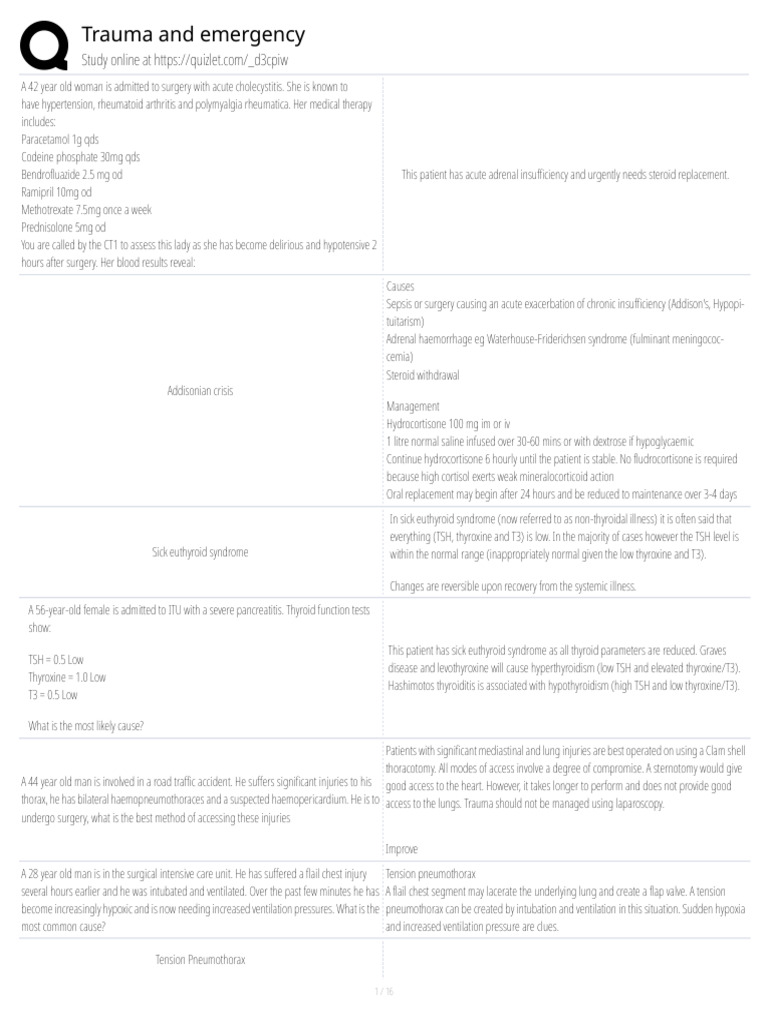 Trauma and Emergency Quizlet | PDF | Hypothermia | Esophagus